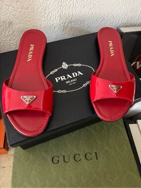 Prada Red Patent Slide Sandals
